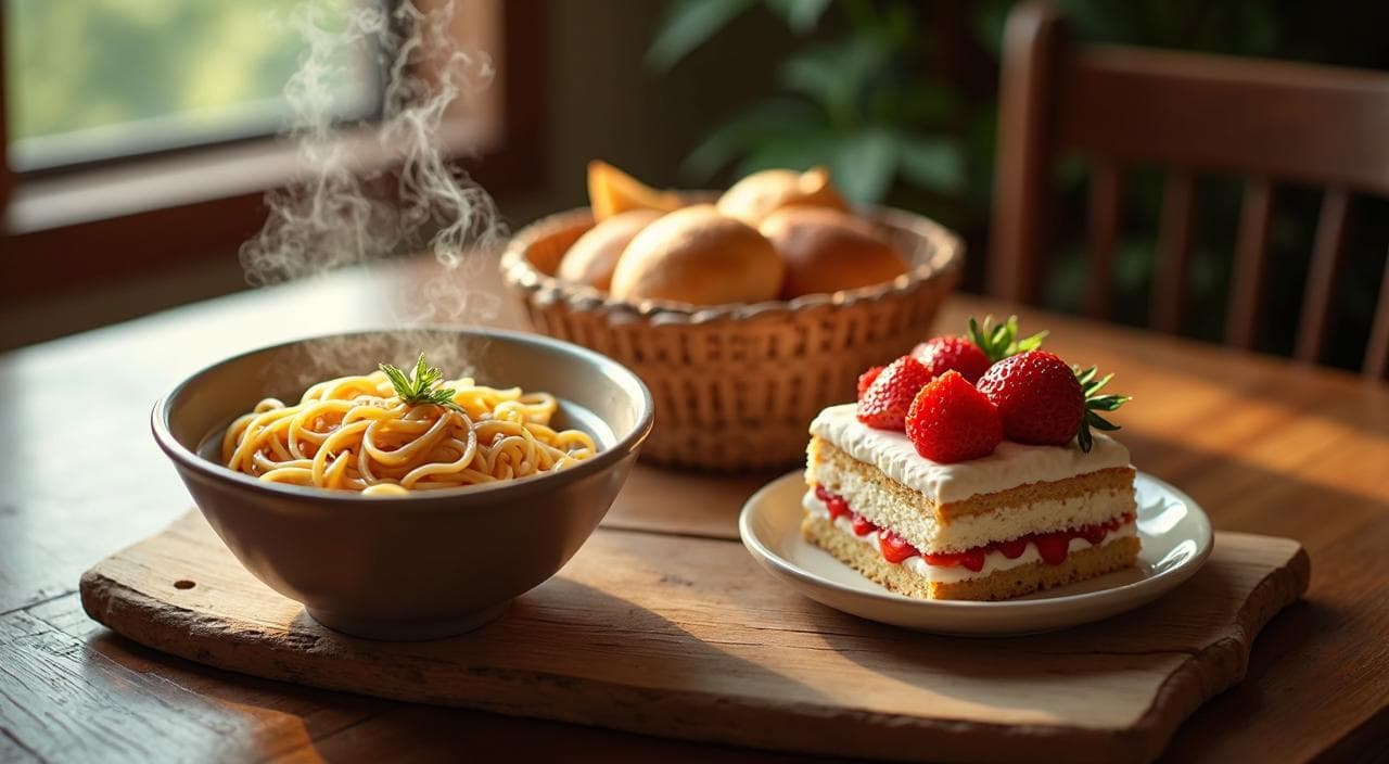 テーブルに並んだ讃岐うどんと焼きたてのパンとショートケーキのイラスト