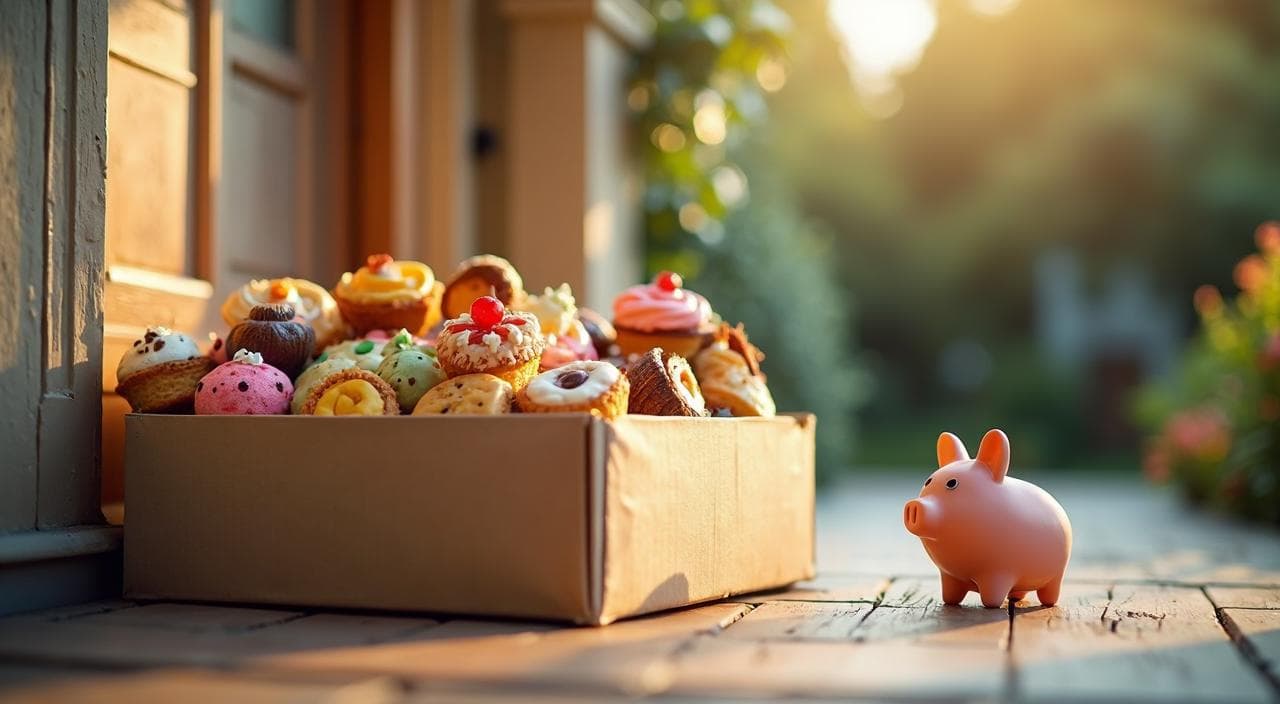 届いたお取り寄せスイーツの段ボール箱と節約を表す貯金箱