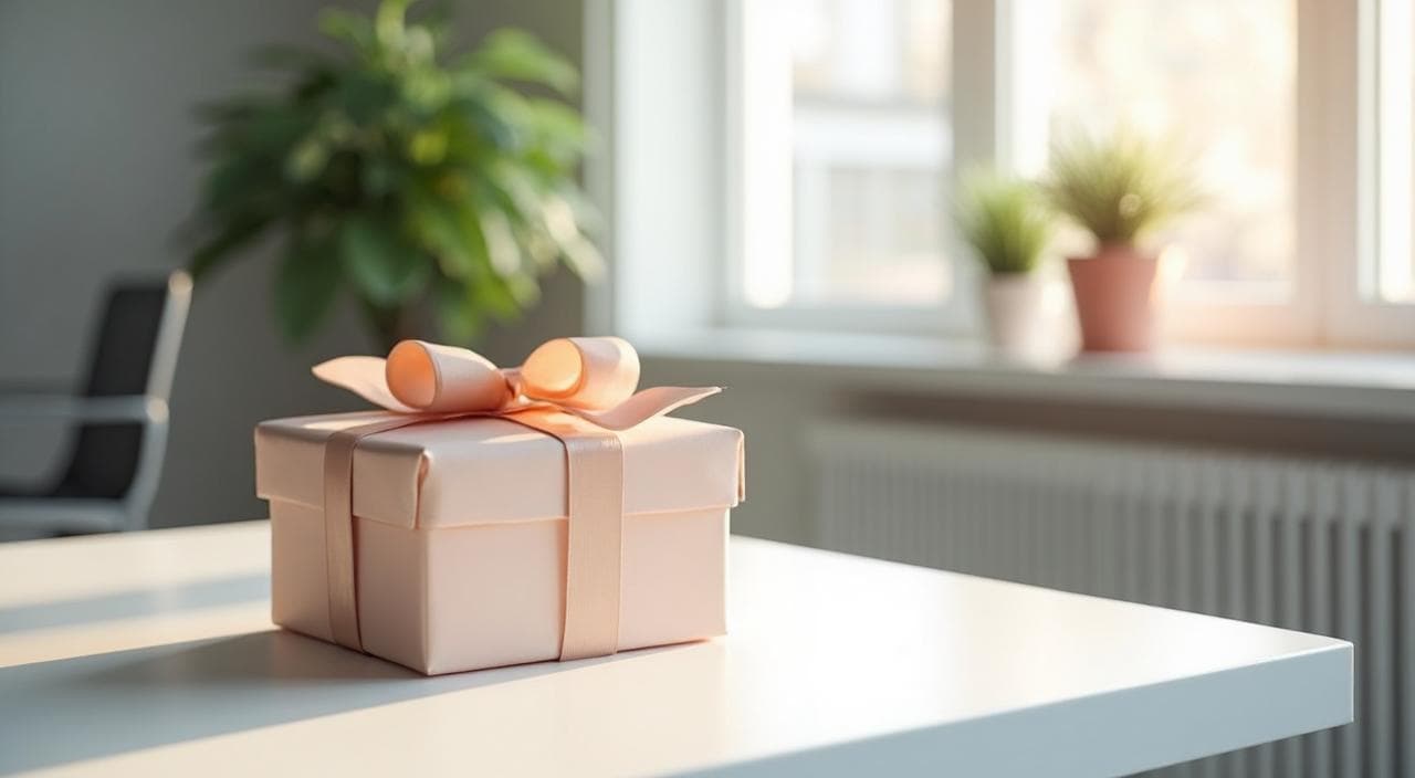 オフィスのデスクに置かれた挨拶用の個包装のお菓子とメッセージカード