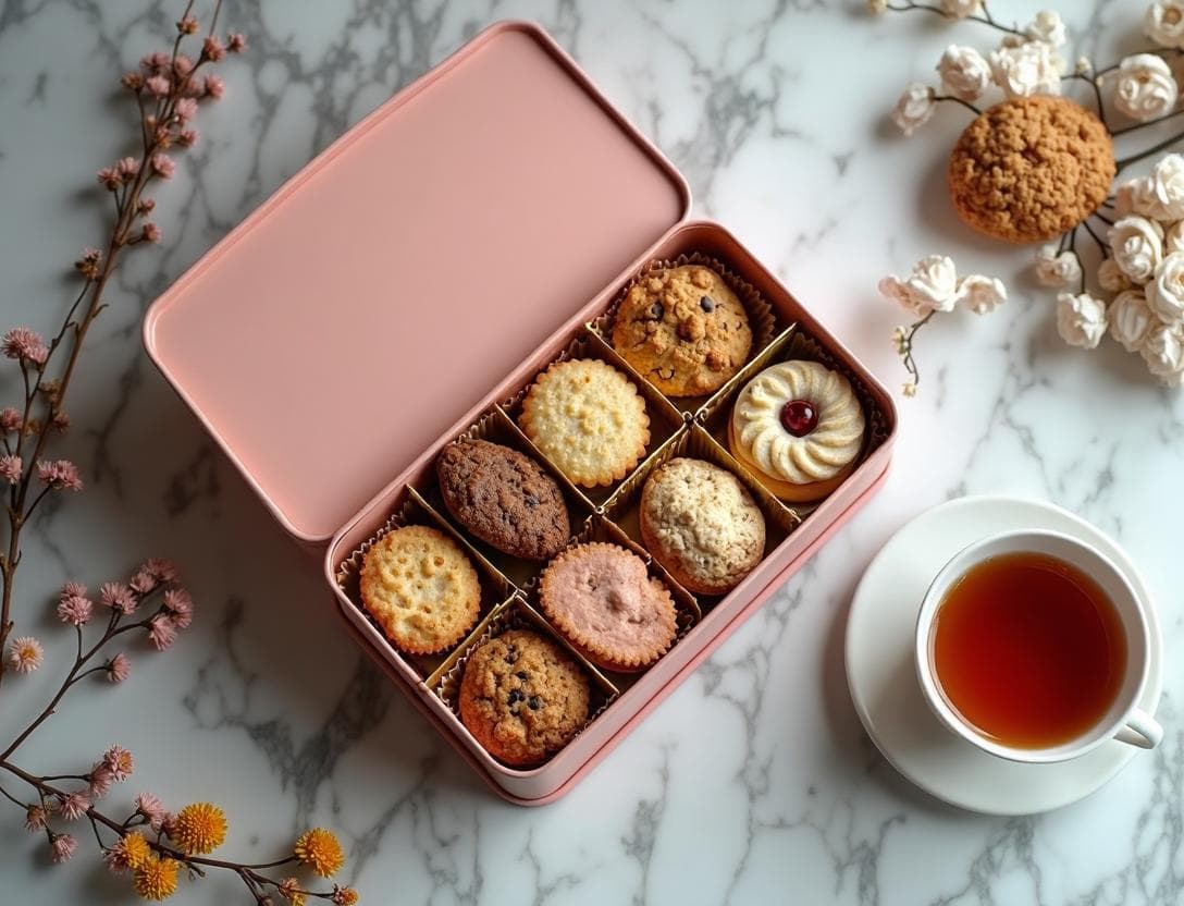 大理石のテーブルに置かれたおしゃれなクッキー缶と紅茶のティータイム